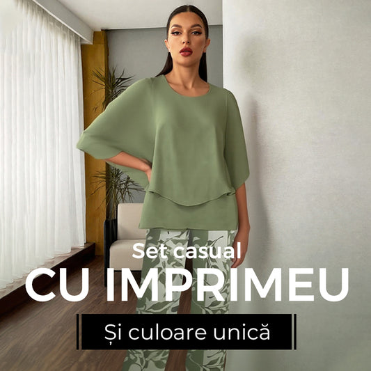 💐Set pantaloni imprimați și top cu gât rotund