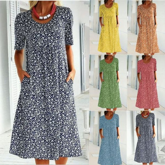 🔥 Rochie florală casual pentru femei din bumbac cu gât rotund (8 culori cu buzunare)
