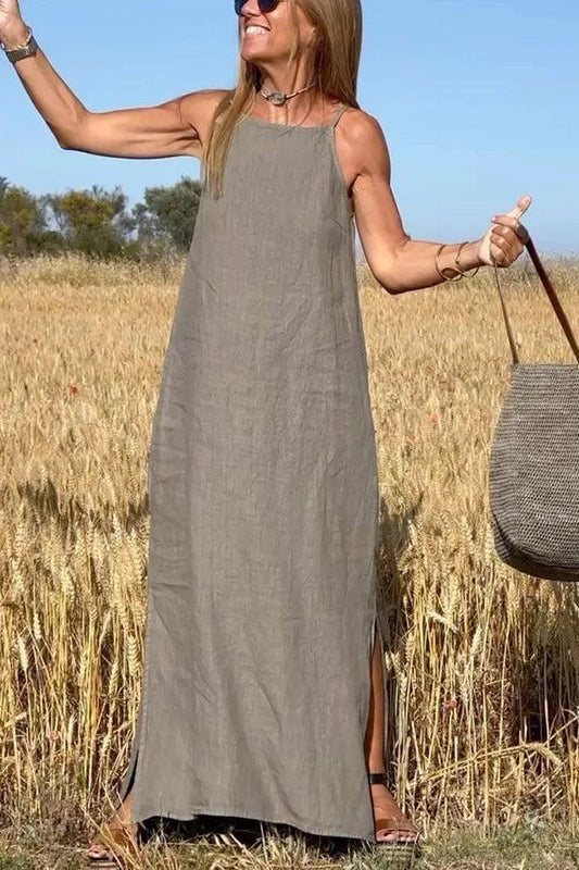 2025 Lin 100% - Rochie simplă la modă cu fantă fără bretele