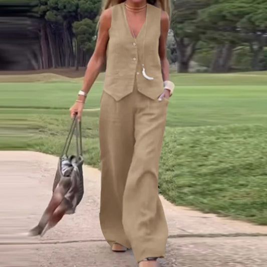 💕Set de vară din două piese – top cu nasturi și pantaloni largi