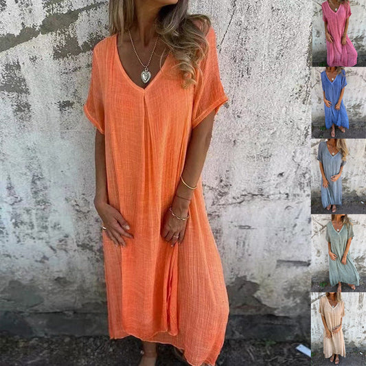 🔥 Rochie Midi Casual din Bumbac și In cu Guler în V✨