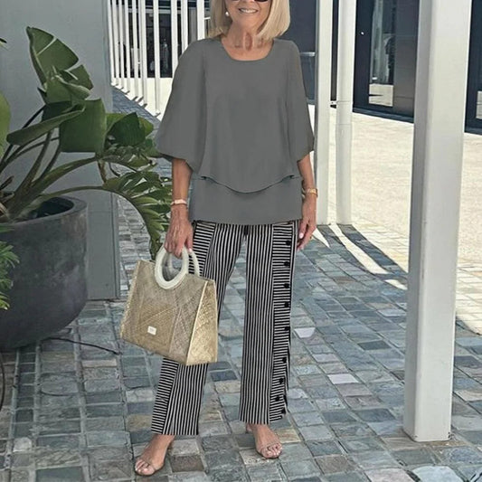 Costume casual pentru femei: topuri de culoare solidă și pantaloni cu imprimeu