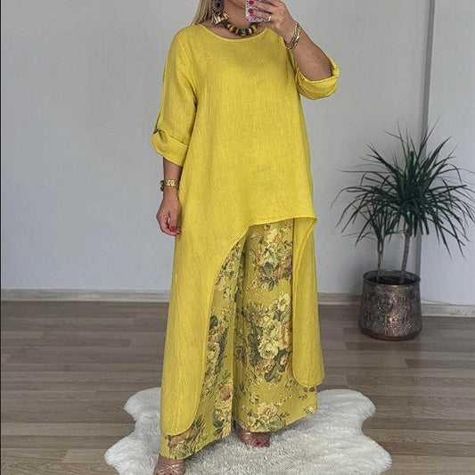 ✨Tricou asimetric pentru femei și pantaloni imprimați, set 2 piese