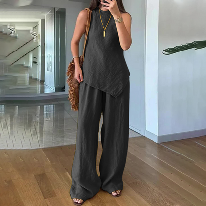 🌿Set tricou și pantaloni fără mâneci cu tiv neregulat din bumbac și in