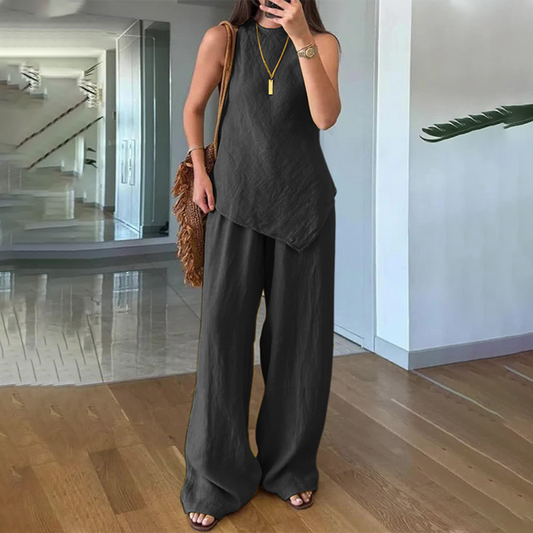 🌿Set tricou și pantaloni fără mâneci cu tiv neregulat din bumbac și in