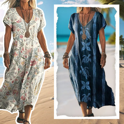 Rochie de damă elegantă, largă, cu decolteu în formă de inimă și imprimeu