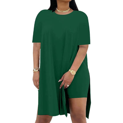 ✨Set rochie și pantaloni scurți cu gât rotund de culoare solidă pentru femei