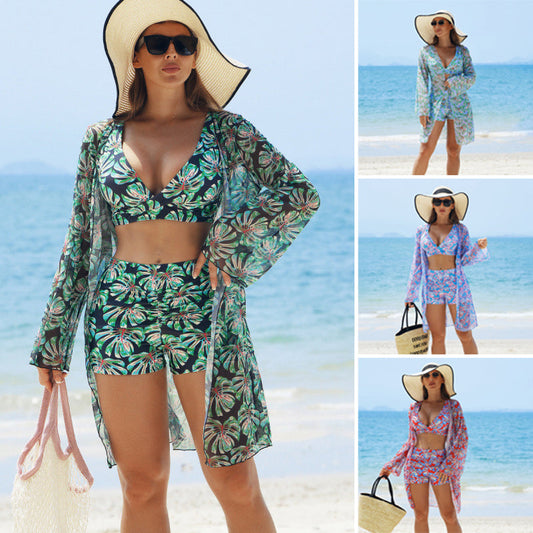 💖Set de costume de baie pentru femei din 3 piese - cover-up, top de bikini și pantaloni scurți👙
