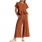 Top casual cu mâneci scurte și pantaloni cu picior larg, set 2 piese, pentru femei