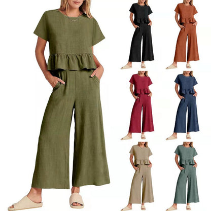 Top casual cu mâneci scurte și pantaloni cu picior larg, set 2 piese, pentru femei