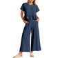 Top casual cu mâneci scurte și pantaloni cu picior larg, set 2 piese, pentru femei