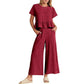 Top casual cu mâneci scurte și pantaloni cu picior larg, set 2 piese, pentru femei