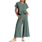 Top casual cu mâneci scurte și pantaloni cu picior larg, set 2 piese, pentru femei