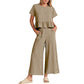 Top casual cu mâneci scurte și pantaloni cu picior larg, set 2 piese, pentru femei