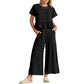 Top casual cu mâneci scurte și pantaloni cu picior larg, set 2 piese, pentru femei