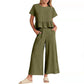 Top casual cu mâneci scurte și pantaloni cu picior larg, set 2 piese, pentru femei