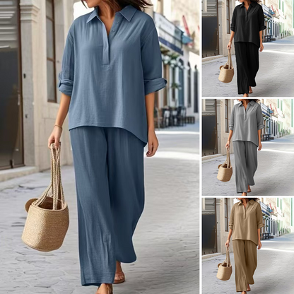 Set cămașă de culoare solidă din in și bumbac și pantaloni cu picior lat