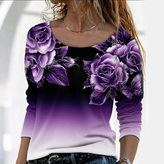 【S-4XL】🌸Top cu mânecă lungă și guler rotund, cu imprimeu floral